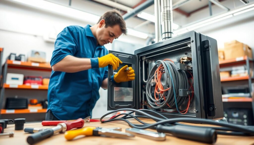 A professional technician wearing a blue shirt and safety gloves is carefully installing heating elements into a modern central heating boiler in a well-lit workshop. The foreground features tools like a screwdriver and pliers neatly arranged on a workbench, while the middle ground shows the technician focused on connecting the wiring of the heating elements. The background includes shelves with various HVAC equipment and bright overhead lights illuminating the workspace, creating a vibrant and industrious atmosphere. The shot is taken from a slight angle to emphasize the action and details of the installation process, highlighting the complexity and precision involved in the task. The overall mood is practical and professional, ideal for a technical guide.