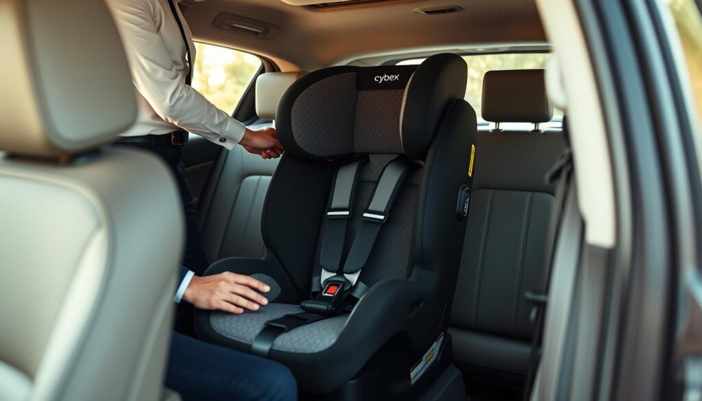 A safe and professional setup depicting the installation of a Cybex car seat without a base, focusing on key safety features. In the foreground, a close-up view of a parent, dressed in smart, casual attire, securely fastening the car seat into a vehicle using the seatbelt. In the middle, the car seat is positioned prominently with visible safety harnesses and additional accessories clearly highlighted to emphasize their safety features. The background shows the interior of a car with soft, natural lighting entering through the windows, creating a warm and reassuring atmosphere. The scene is angled slightly from above, providing a comprehensive overview of the installation process, showcasing attention to detail and care for child safety. No text or watermarks are included. A safe and professional setup depicting the installation of a Cybex car seat without a base, focusing on key safety features. In the foreground, a close-up view of a parent, dressed in smart, casual attire, securely fastening the car seat into a vehicle using the seatbelt. In the middle, the car seat is positioned prominently with visible safety harnesses and additional accessories clearly highlighted to emphasize their safety features. The background shows the interior of a car with soft, natural lighting entering through the windows, creating a warm and reassuring atmosphere. The scene is angled slightly from above, providing a comprehensive overview of the installation process, showcasing attention to detail and care for child safety. No text or watermarks are included.