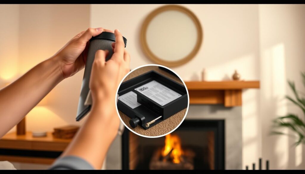 A serene, modern home interior featuring a stylish fireplace installation. In the foreground, a pair of hands is expertly managing a chimney filter, showcasing practical installation tips. The middle layer captures a detailed view of the fireplace, highlighting the filter and its components, with tools like a screwdriver and instructions neatly arranged nearby. The background features soft, warm lighting that enhances the cozy atmosphere, reflecting a welcoming living space. A wooden mantel is adorned with decorative items, while the walls are painted in neutral tones, creating a harmonious environment. The scene is shot from a slight angle to emphasize the depth and the inviting ambiance, ensuring a professional and instructional feel.
