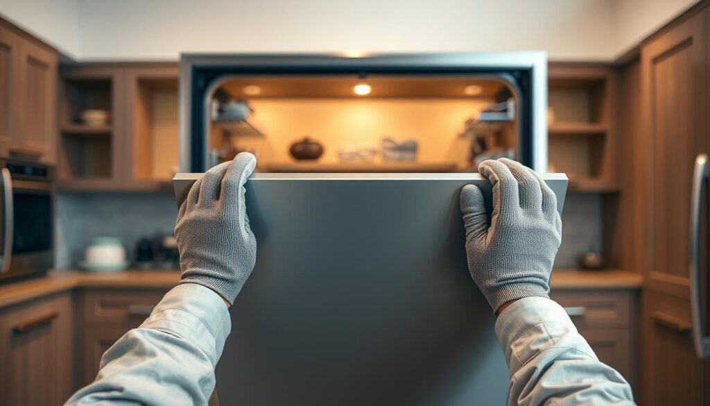A step-by-step assembly guide for a Beko dishwasher front panel. In the foreground, display a hands-on view of a professional wearing a well-fitted work shirt and protective gloves, carefully holding a sleek, modern dishwasher front panel. In the middle, include detailed tools like a screwdriver and screws neatly arranged, emphasizing the assembly process. In the background, depict the interior of a kitchen with neutral-toned cabinets and soft, ambient lighting to create a warm, inviting atmosphere. Soft shadows enhance the three-dimensional look, while the scene captures a sense of focus and productivity. This setup highlights the practicality and ease of mounting the dishwasher front, visually guiding the viewer through the process.