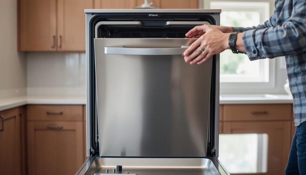 A step-by-step assembly guide for a Whirlpool dishwasher front panel. The foreground features two hands expertly attaching the panel to the dishwasher, wearing modest casual clothing. In the middle, the stainless steel dishwasher is positioned on a sleek kitchen countertop, with visible screws and tools. The background shows a modern kitchen with cabinetry and soft natural light streaming through a window, creating a warm and inviting atmosphere. The focus is sharp on the hands and the panel, while the background is slightly blurred for depth. The overall mood is practical and instructive, ideal for a DIY home improvement project.