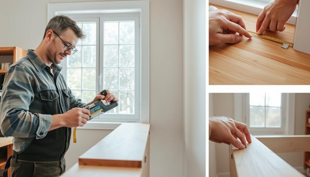 A step-by-step assembly process of a countertop replacing a window sill. In the foreground, a skilled worker wearing modest casual clothing is demonstrating the installation, showing tools like a measuring tape, saw, and brackets, with a focused expression. In the middle ground, detailed close-ups of hands measuring, cutting, and fitting the countertop with precision, revealing wood textures and fixings. The background features a well-lit room with a window, where natural sunlight floods in, enhancing the atmosphere of a productive workspace. The scene conveys a mood of craftsmanship and professionalism, highlighting the careful steps involved in the installation process. A step-by-step assembly process of a countertop replacing a window sill. In the foreground, a skilled worker wearing modest casual clothing is demonstrating the installation, showing tools like a measuring tape, saw, and brackets, with a focused expression. In the middle ground, detailed close-ups of hands measuring, cutting, and fitting the countertop with precision, revealing wood textures and fixings. The background features a well-lit room with a window, where natural sunlight floods in, enhancing the atmosphere of a productive workspace. The scene conveys a mood of craftsmanship and professionalism, highlighting the careful steps involved in the installation process.