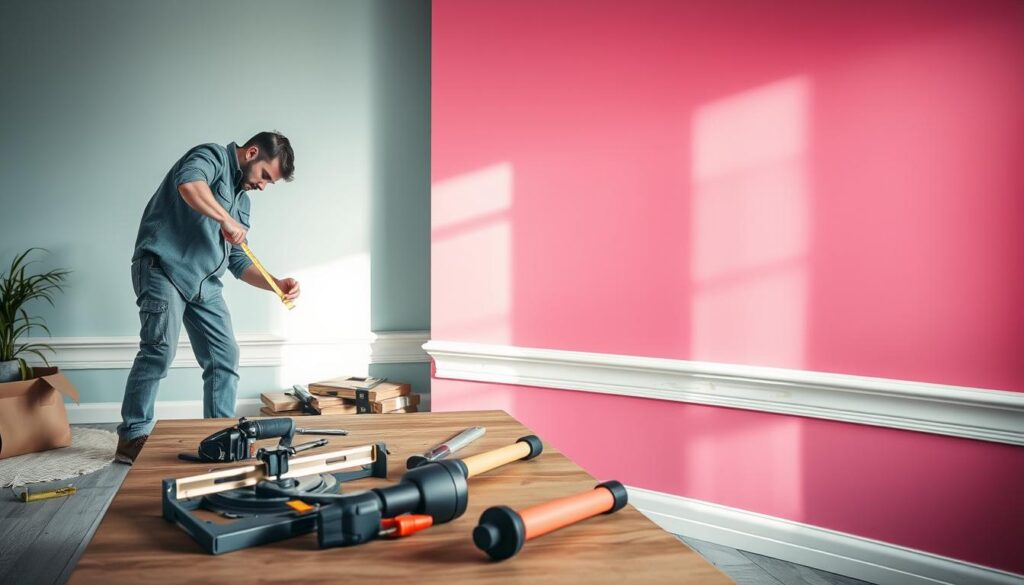 A step-by-step assembly process of a top baseboard (cokół górny) in a well-lit interior setting. In the foreground, show a professional worker in casual clothing using a measuring tape and level to ensure precise placement of the baseboard. In the middle ground, include close-up details of tools such as a saw, hammer, and adhesive, arranged neatly on a workbench. The background features a finished wall where a freshly installed baseboard contrasts against a vibrant paint color. Soft, natural lighting streams in from a nearby window, creating an inviting atmosphere. The image should convey a sense of professionalism, focus, and meticulous attention to detail, emphasizing the importance of technique in the installation process. No text or overlays present.