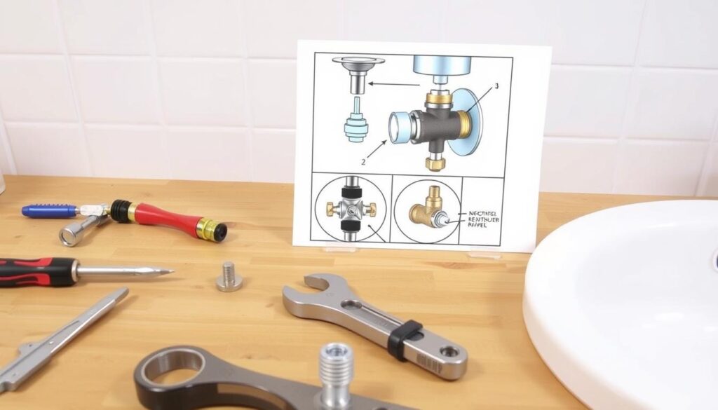 A step-by-step installation guide for a concealed bathroom faucet. The foreground features a well-organized workbench with tools such as a screwdriver, wrench, and plumbing fittings neatly arranged. In the middle, a detailed illustration shows the various stages of the faucet installation process, with close-ups of key components like the valve, mounting bracket, and water connections. The background includes a partially tiled bathroom wall, providing context to the installation scene. Bright, even lighting highlights the textures of the tools and materials, creating a clean and professional atmosphere. The angle of the shot is slightly elevated, offering a clear view of the assembly process while maintaining focus on the main subject. A step-by-step installation guide for a concealed bathroom faucet. The foreground features a well-organized workbench with tools such as a screwdriver, wrench, and plumbing fittings neatly arranged. In the middle, a detailed illustration shows the various stages of the faucet installation process, with close-ups of key components like the valve, mounting bracket, and water connections. The background includes a partially tiled bathroom wall, providing context to the installation scene. Bright, even lighting highlights the textures of the tools and materials, creating a clean and professional atmosphere. The angle of the shot is slightly elevated, offering a clear view of the assembly process while maintaining focus on the main subject.
