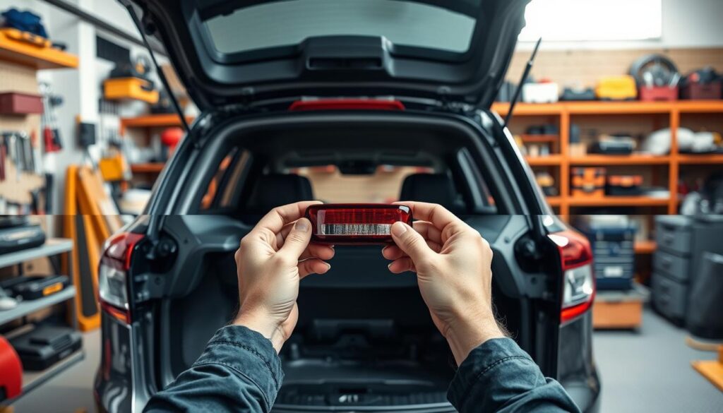A step-by-step montage of a reverse light installation in a workshop setting. In the foreground, a focused view of hands placing the new reverse lamp into a vehicle’s rear section, with visible tools like a screwdriver and wire connectors. The middle ground features a partially disassembled car, highlighting its rear open panel. In the background, shelves filled with automotive tools and equipment create a realistic workshop atmosphere. The lighting is bright but soft, mimicking natural daylight. The angle is slightly tilted from above to capture both the action and the surrounding tools. The mood is practical and instructional, conveying a sense of diligence and professionalism in car maintenance.