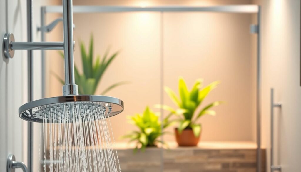 A stylish bathroom interior featuring a modern, elegant rainfall showerhead prominently displayed in the foreground. The showerhead has a sleek chrome finish with a wide, circular design to suggest a luxurious experience. In the middle ground, lush potted plants add a vibrant touch, alongside natural stone tiles to create a warm atmosphere. The background shows a frosted glass shower enclosure, with soft, diffused lighting illuminating the space to enhance a serene and inviting mood. Capture the scene from a slightly elevated angle to showcase both the showerhead and the inviting ambiance of the bathroom. The overall ambiance is calm, modern, and aesthetically pleasing, perfect for illustrating the selection of a showerhead.