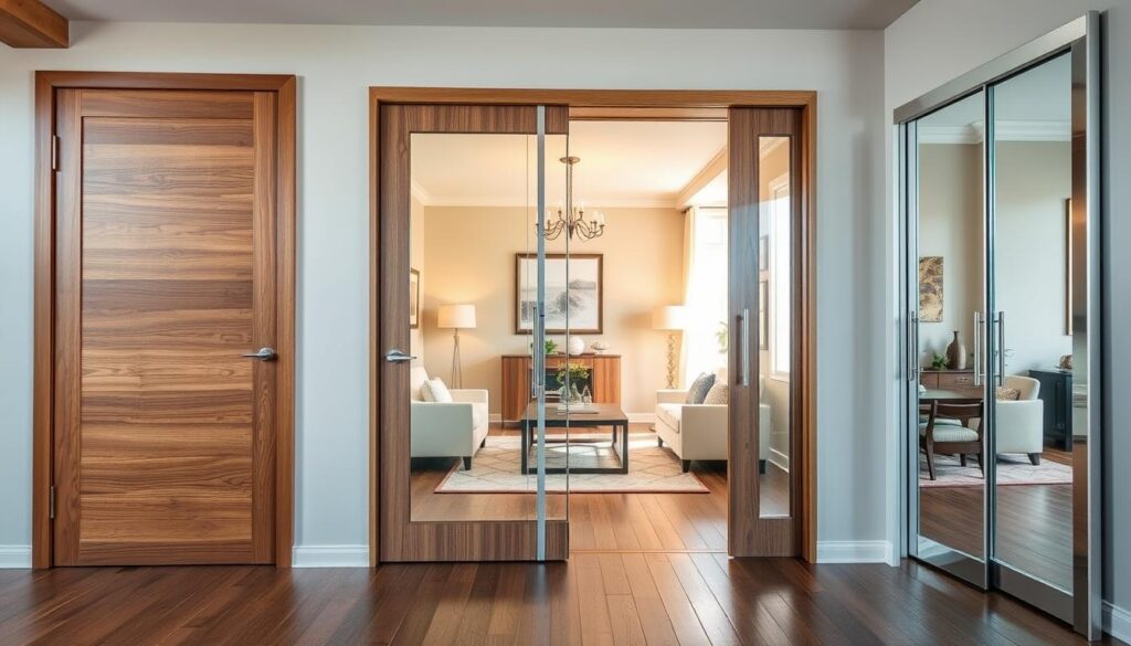 A stylish modern interior showcasing various types of sliding doors. In the foreground, display three distinct sliding door designs: a wood-paneled door, a glass sliding door with a sleek metal frame, and a traditional mirrored door. The middle ground features a beautifully decorated living room with natural light streaming in through large windows, enhancing the elegance of the doors. The background reveals a tastefully decorated hallway leading to other rooms, with soft neutral colors and minimalistic decor. The image should have warm, inviting lighting, capturing a cozy yet sophisticated atmosphere. Use a slightly elevated angle to provide a comprehensive view of the doors' designs and textures, creating an informative and visually appealing composition.