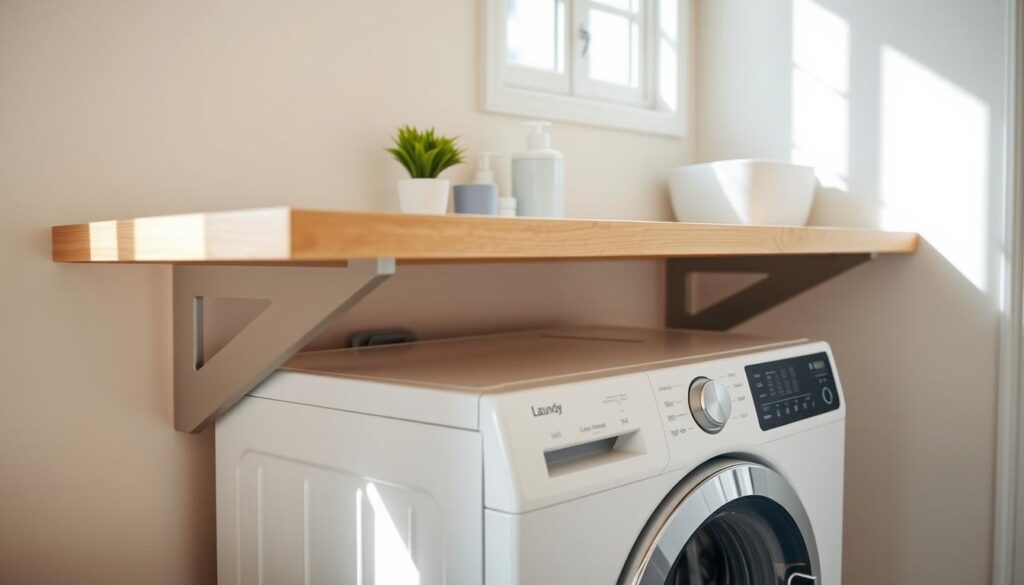 A well-designed laundry space featuring a sturdy countertop installed above a washing machine. The countertop, made of light wood, has a subtle grain and is supported by two sleek brackets on either side. In the foreground, the washing machine is white with a modern design, showing a clean laundry area. In the middle ground, there are neatly organized laundry essentials, such as detergent and a small plant for a touch of greenery. The background consists of soft pastel walls, adding a warm ambiance. Natural light filters through a nearby window, casting gentle shadows and creating a serene atmosphere. The scene is captured from a slight angle, emphasizing the countertop's height above the washing machine, inviting a sense of practical elegance and efficiency in the space.