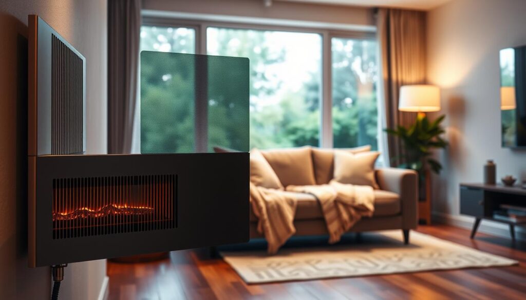 A well-designed modern heating screen installed in a cozy living room, showcasing its benefits. In the foreground, a sleek heating screen with an elegant finish, radiating warmth and creating a comfortable atmosphere. In the middle, a stylish sofa adorned with soft cushions and a warm throw blanket, illuminated by soft, ambient lighting. Background features a window with lush greenery outside, allowing natural light to filter in, enhancing the inviting ambiance. The scene conveys a sense of comfort and tranquility, emphasizing the aesthetic and functional advantages of the heating screen. Use warm color tones and a professional photography style with a soft focus effect to highlight the details of the heating screen and its integration into the home environment.