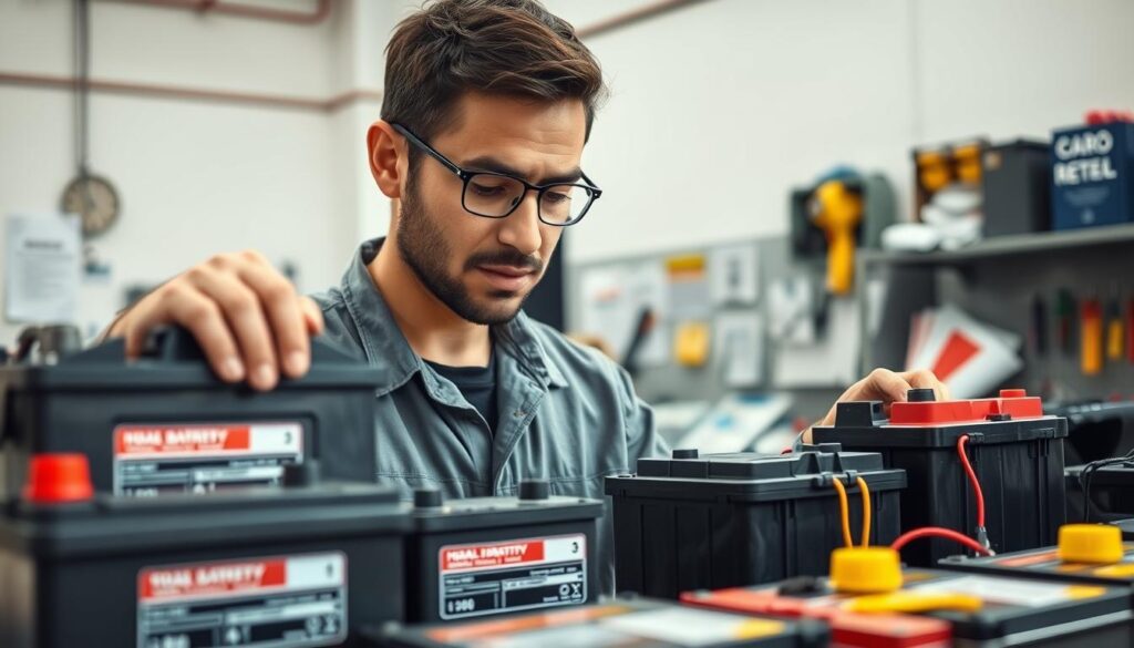 A well-lit automotive workshop setting serves as the backdrop, showcasing a professional mechanic wearing a modest, casual outfit, intently examining a car battery. In the foreground, a close-up view highlights various types of car batteries, each labeled clearly to show their specifications. The mechanic’s expression conveys focus and expertise, demonstrating the process of identifying the right battery. The middle ground includes tools and manuals related to battery installation, creating an informative atmosphere. Soft, natural lighting enhances the detail of the equipment, while a wide-angle view captures the essence of a learning environment. The overall mood is educational and encouraging, ideal for beginners learning about battery identification.