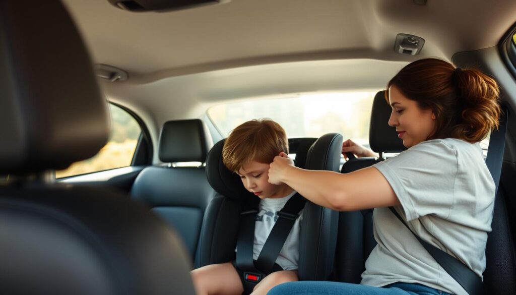 A well-lit interior of a modern car, focusing on the back seat where a child safety seat is being properly installed using seat belts. In the foreground, a parent in modest casual clothing is securely fastening the seat, demonstrating the correct technique. The parent appears focused and attentive, reflecting the importance of safety. The middle of the image showcases the attention to detail in the car's interior, with clearly visible seat belts and safety features. The background hints at a sunny day outside, through the car windows, creating a warm and reassuring atmosphere. The lighting is bright yet soft, emphasizing the safety and care in the installation process, captured from a slightly elevated angle for depth. A well-lit interior of a modern car, focusing on the back seat where a child safety seat is being properly installed using seat belts. In the foreground, a parent in modest casual clothing is securely fastening the seat, demonstrating the correct technique. The parent appears focused and attentive, reflecting the importance of safety. The middle of the image showcases the attention to detail in the car's interior, with clearly visible seat belts and safety features. The background hints at a sunny day outside, through the car windows, creating a warm and reassuring atmosphere. The lighting is bright yet soft, emphasizing the safety and care in the installation process, captured from a slightly elevated angle for depth.