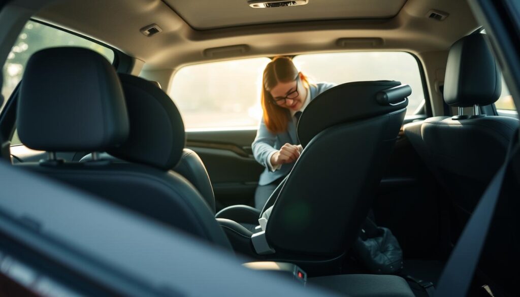 A well-lit interior of a modern car, showcasing the rear seating area with a child safety seat securely installed. In the foreground, a close-up of the car seat emphasizes proper installation with clear straps visible and the seat angled slightly. In the middle ground, a parent figure, dressed in professional business attire, is depicted adjusting the child safety seat, ensuring it fits correctly. The background features a slightly blurred view of the car's interior, emphasizing safety features like seatbelts and door locks. Soft, natural lighting streams in from the windows, creating a calm and safe atmosphere. The overall mood conveys a sense of security and responsibility in child passenger safety. A well-lit interior of a modern car, showcasing the rear seating area with a child safety seat securely installed. In the foreground, a close-up of the car seat emphasizes proper installation with clear straps visible and the seat angled slightly. In the middle ground, a parent figure, dressed in professional business attire, is depicted adjusting the child safety seat, ensuring it fits correctly. The background features a slightly blurred view of the car's interior, emphasizing safety features like seatbelts and door locks. Soft, natural lighting streams in from the windows, creating a calm and safe atmosphere. The overall mood conveys a sense of security and responsibility in child passenger safety.