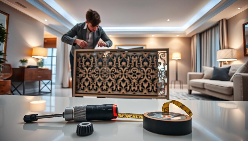 A well-lit interior of a modern living room featuring a person in professional attire carefully installing a decorative radiator cover. In the foreground, tools like a screwdriver and measuring tape are neatly arranged on a clean surface, while the person focuses on aligning the radiator screen. The middle ground highlights the radiator, designed with an intricate pattern, seamlessly fitting with the room's aesthetic. The background showcases elegant furniture and soft ambient lighting, creating a warm and inviting atmosphere. The angle is slightly tilted to give a dynamic perspective on both the installation process and the stylish room decor. The overall mood is practical and instructional, emphasizing the process of mounting the radiator screen effectively.