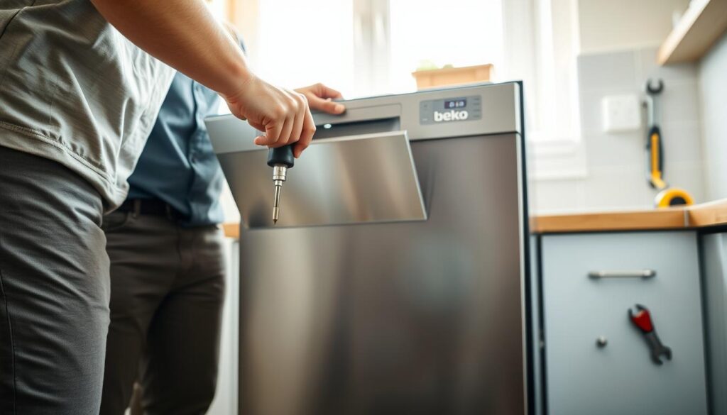 A well-lit kitchen scene featuring a person in modest casual clothing carefully attaching the front panel to a Beko dishwasher. The foreground shows hands holding a screwdriver and screws, with a close-up focus on the mounting mechanism. The middle ground includes the fully assembled dishwasher with its sleek design and modern finish, showcasing the panel being affixed. In the background, there are tools like a wrench and a measuring tape neatly arranged on a countertop. The atmosphere is practical and instructional, with bright, natural light coming from a window, emphasizing the task at hand. The image captures a moment of DIY home improvement, conveying a sense of confidence and competence.