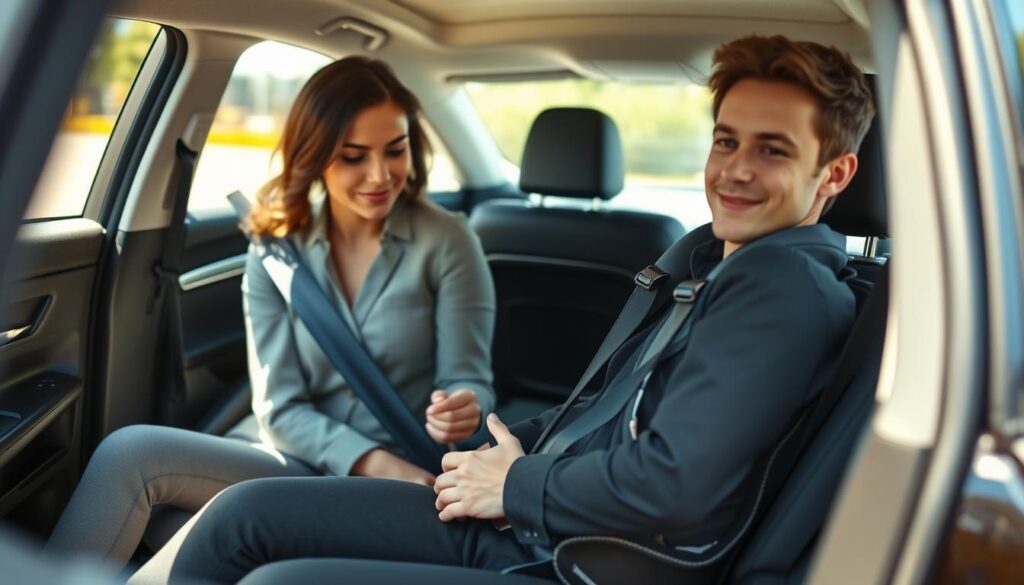 A well-lit, modern car interior showcasing the installation of a child car seat. In the foreground, a parent in smart casual attire sits in the backseat, carefully securing the car seat using the vehicle's seatbelt, showing a focused expression. In the middle, the car seat is prominently displayed, illustrating safety features such as straps and buckles. In the background, the car's front seats and dashboard are slightly blurred to emphasize the installation process. The lighting is bright but soft, simulating a sunny day outside, creating a warm and inviting atmosphere. The composition is taken from a slightly elevated angle, providing a clear view of the child seat's installation without distractions, and ensuring a professional, informative tone. A well-lit, modern car interior showcasing the installation of a child car seat. In the foreground, a parent in smart casual attire sits in the backseat, carefully securing the car seat using the vehicle's seatbelt, showing a focused expression. In the middle, the car seat is prominently displayed, illustrating safety features such as straps and buckles. In the background, the car's front seats and dashboard are slightly blurred to emphasize the installation process. The lighting is bright but soft, simulating a sunny day outside, creating a warm and inviting atmosphere. The composition is taken from a slightly elevated angle, providing a clear view of the child seat's installation without distractions, and ensuring a professional, informative tone.