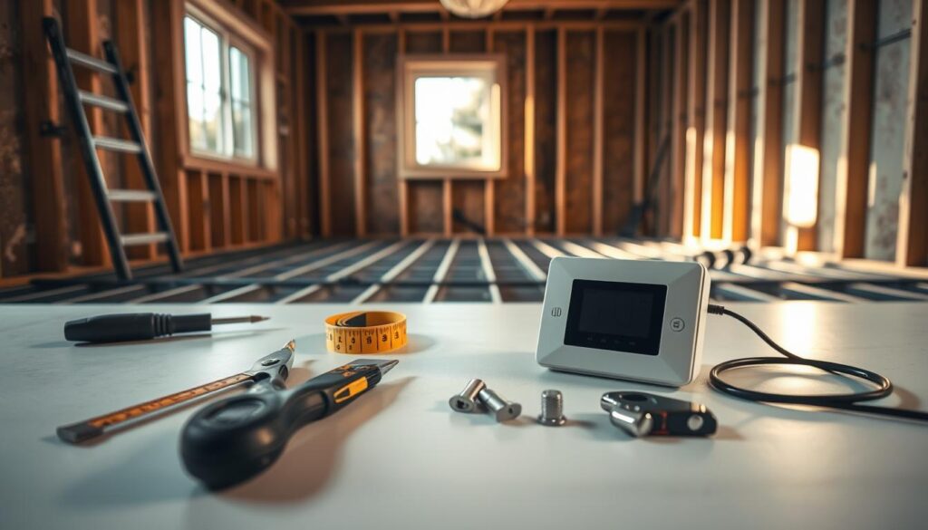 A well-lit, organized workspace featuring a professional setting for preparing to install a temperature sensor for underfloor heating. In the foreground, display a detailed, close-up view of tools such as a screwdriver, measuring tape, and wire cutters carefully arranged on a clean workbench. In the middle, include a sleek digital temperature sensor partially unboxed, showcasing wires and mounting hardware next to it. The background features a partially finished room with bare subflooring, where the underfloor heating system is visible, subtly illuminated by natural light from a nearby window, creating a warm and inviting atmosphere. The mood is practical and focused, emphasizing preparation and precision in home improvement. A well-lit, organized workspace featuring a professional setting for preparing to install a temperature sensor for underfloor heating. In the foreground, display a detailed, close-up view of tools such as a screwdriver, measuring tape, and wire cutters carefully arranged on a clean workbench. In the middle, include a sleek digital temperature sensor partially unboxed, showcasing wires and mounting hardware next to it. The background features a partially finished room with bare subflooring, where the underfloor heating system is visible, subtly illuminated by natural light from a nearby window, creating a warm and inviting atmosphere. The mood is practical and focused, emphasizing preparation and precision in home improvement.