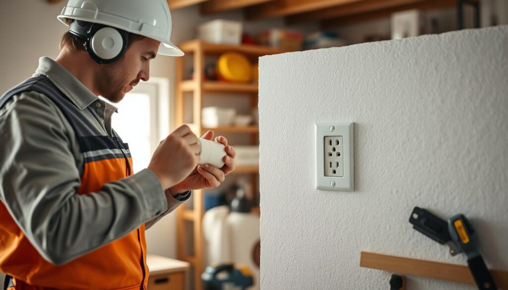 A well-lit workshop scene focused on the safe and durable installation techniques for electrical sockets in Styrofoam. In the foreground, a skilled electrician in professional work attire is applying adhesive to the back of an electrical socket, demonstrating precision and care. The middle ground features a close-up view of a Styrofoam wall with a partially installed socket, showcasing detailed textures and installation tools like a level and a utility knife. The background includes shelves stocked with wiring supplies and safety gear, adding context to the work environment. Soft, natural lighting filters in from a nearby window, creating a focused yet inviting atmosphere, highlighting the importance of safety and craftsmanship in electrical installation.