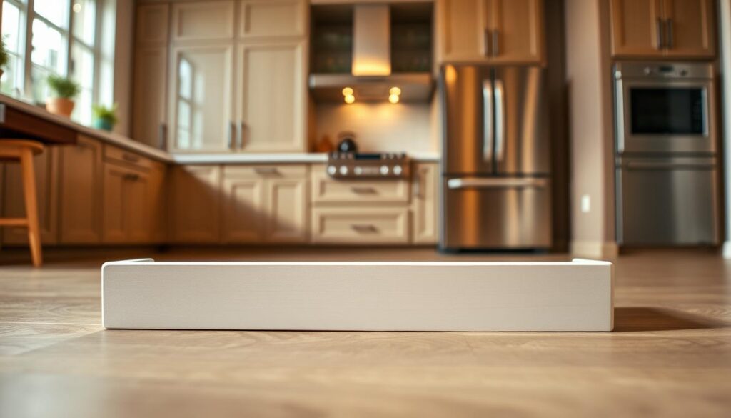A well-maintained kitchen toe kick, freshly installed, showcasing its sleek design and clean finish. In the foreground, the toe kick is highlighted, revealing its smooth texture and subtle reflections under warm, ambient lighting. The middle ground features a modern kitchen setup with elegant cabinetry, where the toe kick seamlessly integrates with the cabinetry's color scheme. The background includes a well-organized kitchen space with stainless steel appliances and natural light filtering in through a window, enhancing the overall inviting atmosphere. The image conveys a sense of care and professionalism, emphasizing the importance of maintaining the toe kick in excellent condition. The angle is slightly low, creating depth and focusing on the craftsmanship of the installed toe kick, while soft shadows increase the visual interest and richness of the scene.