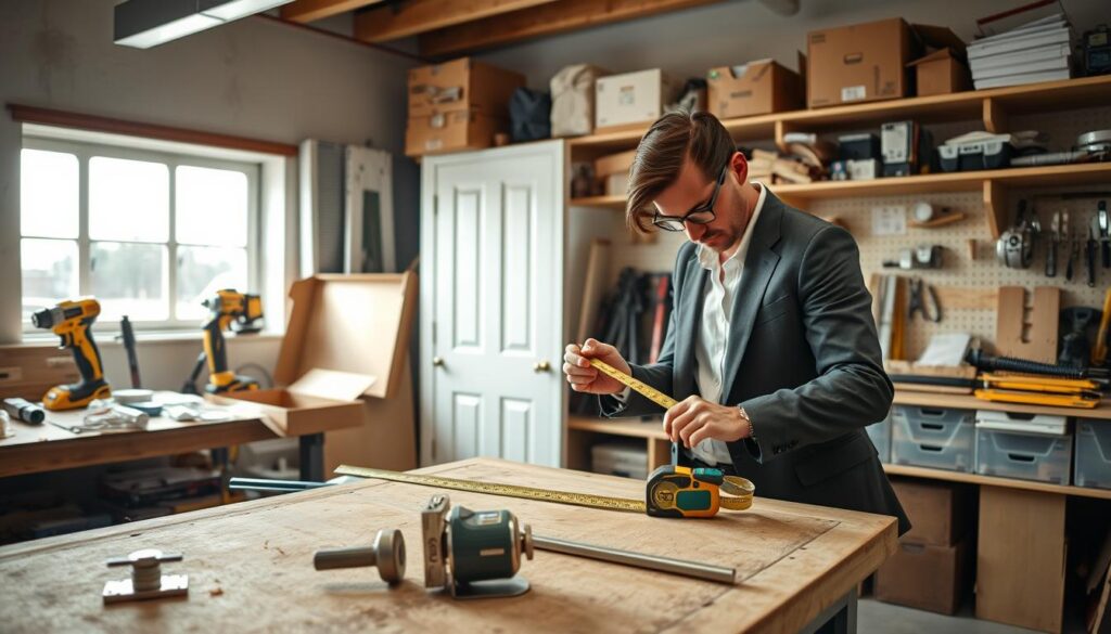 A well-organized workshop setting, filled with tools and materials for preparing to install interior doors. In the foreground, a sturdy workbench displays door hinges, a measuring tape, and a spirit level, all neatly arranged. A person in professional business attire or modest casual clothing is intently measuring a door frame, with a focused expression. In the middle ground, a partially installed door leans against the wall, and there are open boxes of tools and hardware scattered around. The background features shelves stocked with various tools and door hardware, with soft, natural lighting coming from a nearby window, creating a warm and inviting atmosphere that suggests careful preparation and hands-on work. A well-organized workshop setting, filled with tools and materials for preparing to install interior doors. In the foreground, a sturdy workbench displays door hinges, a measuring tape, and a spirit level, all neatly arranged. A person in professional business attire or modest casual clothing is intently measuring a door frame, with a focused expression. In the middle ground, a partially installed door leans against the wall, and there are open boxes of tools and hardware scattered around. The background features shelves stocked with various tools and door hardware, with soft, natural lighting coming from a nearby window, creating a warm and inviting atmosphere that suggests careful preparation and hands-on work.