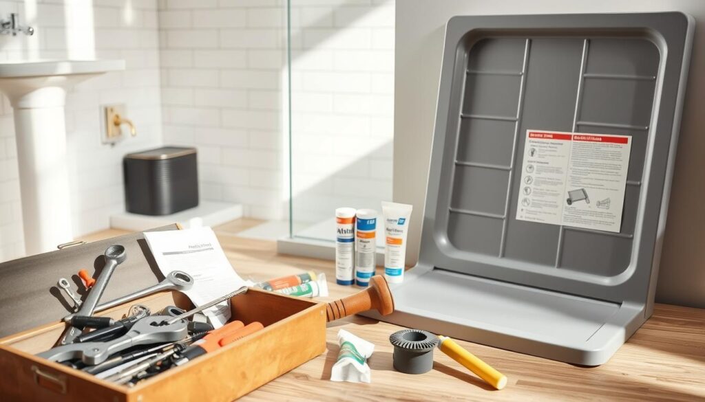 A well-organized workspace featuring various materials and tools required for shower tray installation. In the foreground, showcase a toolbox open with essential tools like a wrench, screwdriver, and rubber mallet. To the side, display a large plastic shower tray, surrounded by adhesive sealant tubes, drainage components, and installation instructions. In the background, include a partially constructed bathroom scene, with tiled walls and a shower area ready for assembly. Natural, soft lighting enhances the clarity of each item, casting gentle shadows. The image should convey a professional, informative atmosphere, inviting the viewer to engage with the installation process confidently. The lens should capture a slightly angled perspective, providing depth and context. No text or watermarks should be present.