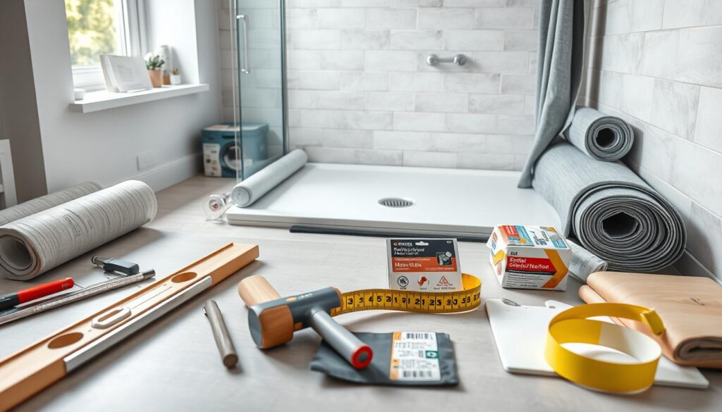 A well-organized workspace showcasing essential materials for installing a low shower tray. In the foreground, a neatly arranged assortment of tools such as a spirit level, rubber mallet, and measuring tape, alongside rolls of waterproofing membrane and tiles. In the middle, a detailed view of the corner where the shower tray will be installed, highlighting the substrate, pre-prepared drainage system, and a pack of adhesive. The background should display a bright and airy bathroom setting with natural light flooding in, illuminating the clean surfaces. The atmosphere should feel professional and focused, emphasizing a practical and hands-on approach to home improvement. Use a wide-angle lens perspective to capture the entire scene, ensuring all materials are clearly visible and accessible. A well-organized workspace showcasing essential materials for installing a low shower tray. In the foreground, a neatly arranged assortment of tools such as a spirit level, rubber mallet, and measuring tape, alongside rolls of waterproofing membrane and tiles. In the middle, a detailed view of the corner where the shower tray will be installed, highlighting the substrate, pre-prepared drainage system, and a pack of adhesive. The background should display a bright and airy bathroom setting with natural light flooding in, illuminating the clean surfaces. The atmosphere should feel professional and focused, emphasizing a practical and hands-on approach to home improvement. Use a wide-angle lens perspective to capture the entire scene, ensuring all materials are clearly visible and accessible.