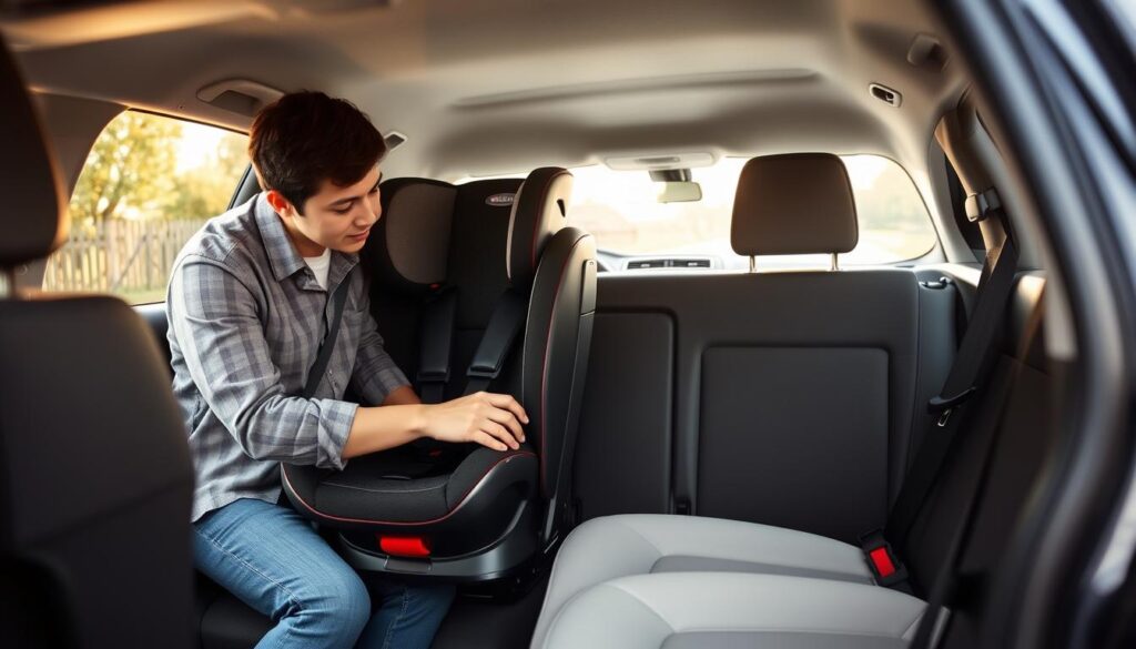 A well-structured car seat installation scene focused on the proper setup of a 9-36 kg child seat. In the foreground, a professional-looking parent, dressed in casual attire, is attentively checking the car seat’s harness system and base. The middle layer features the car’s interior, highlighting the seat's positioning and secure attachments to the car's seatbelt. Soft, natural lighting filters through the car windows, casting gentle shadows that create a safe and accessible atmosphere. The background showcases the exterior of the car parked in a family-friendly environment, conveying a sense of safety and preparedness. The overall mood is informative and reassuring, emphasizing the importance of correct installation for child safety. A well-structured car seat installation scene focused on the proper setup of a 9-36 kg child seat. In the foreground, a professional-looking parent, dressed in casual attire, is attentively checking the car seat’s harness system and base. The middle layer features the car’s interior, highlighting the seat's positioning and secure attachments to the car's seatbelt. Soft, natural lighting filters through the car windows, casting gentle shadows that create a safe and accessible atmosphere. The background showcases the exterior of the car parked in a family-friendly environment, conveying a sense of safety and preparedness. The overall mood is informative and reassuring, emphasizing the importance of correct installation for child safety.