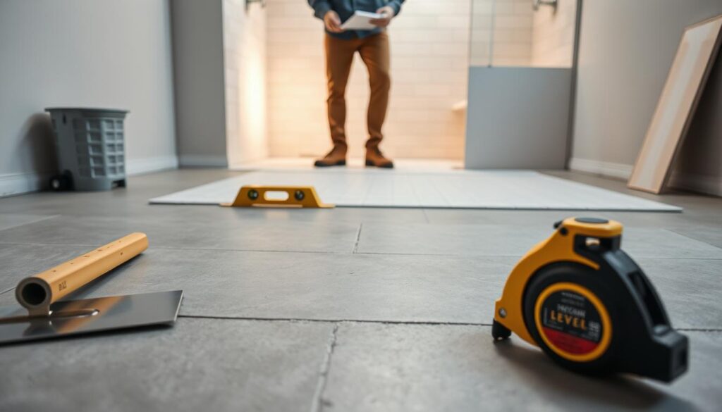 A workspace preparing a shower base installation, featuring a clean, leveled concrete floor. In the foreground, tools like a trowel, level, and measuring tape are neatly arranged, while a set of tiles and pre-cut waterproof membrane sits ready for application. The middle ground shows a professional in modest casual clothing, focused on measuring and sketching a plan on a notepad. The background features a partially installed shower with a subtle, ambient lighting illuminating the area, creating an organized and industrious atmosphere. The perspective is slightly angled to capture both the tools and the workspace environment effectively. The scene should convey a sense of preparation and professionalism, emphasizing careful planning before installation.